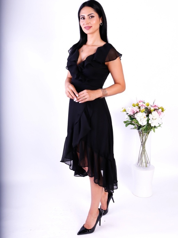 ALESSIA Rochie dama neagra vaporoasa cu volane si cordon in talie