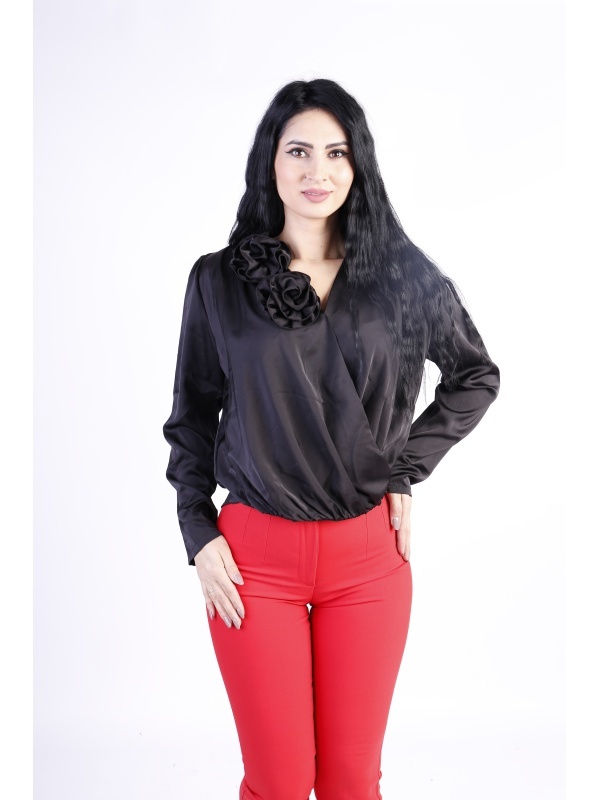 Camasa eleganta din satin cu detalii florale Negru