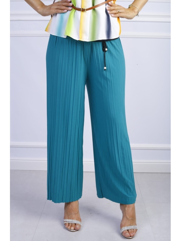 Pantaloni dama evazati cu pliuri turcoaz
