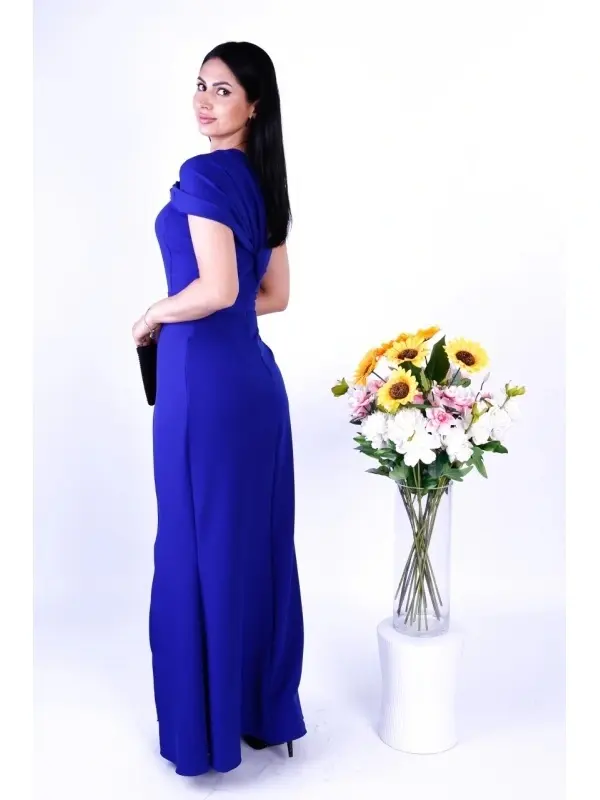 Rochie Albastra Elisee Elegantă Lungă cu Broșă – Stil Glamour