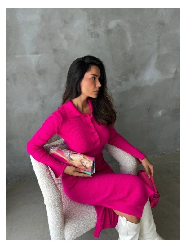Rochie dama casual din tricot polo look fucsia - Img 2