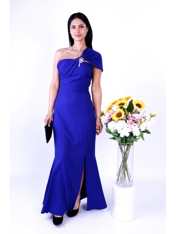 Rochie Albastra Elisee Elegantă Lungă cu Broșă – Stil Glamour