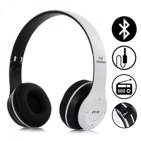 Casti wireless P47, Stereo Headphones, Fm Radio, MP3 Player, Microfon incorporat, Port Micro SD, Alb