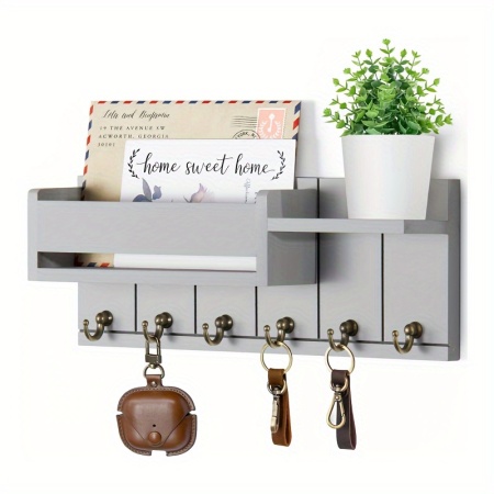 Cuier Rustic de Perete cu Rafturi și 6 Cârlige – Organizator pentru Chei, Poștă și Accesorii, TMTQ691031
