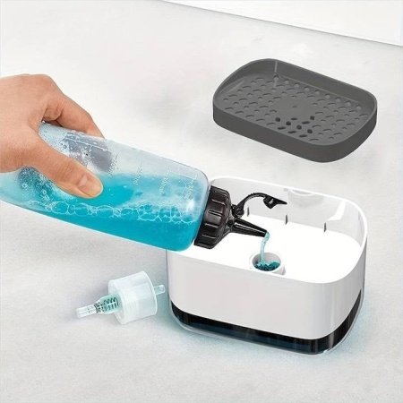 Dozator cu pompa de sapun Smartix, Suport pentru burete spalat vesela 350 ml, Dozator pentru sapun si bucatarie, Alb, AD350 - Img 4