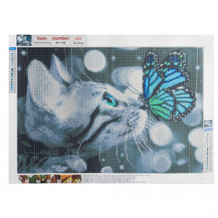 Goblen mozaic cu diamante, pisicuta cu fluture, 30 x 40 cm, PM000191863