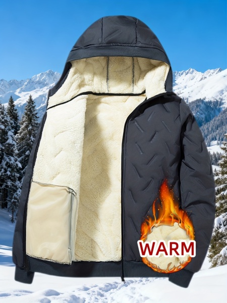 Jachetă Casual cu Glugă pentru Bărbați, Design Matlasat cu Căptușeală Fleece, Croială Largă, Închidere cu Fermoar, TMNA5091776 - Img 2