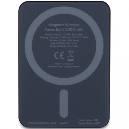 Original Power Bank - GUESS GUPBM3AL4DMK 3000mAh 5W MagSafe 4G Strassed Metal Logo - Negru - Img 2
