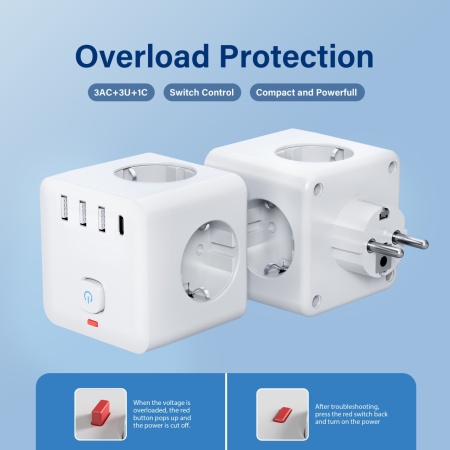 Prelungitor Priză 7-în-1 cu USB – 3 prize, 4 porturi USB + 1 Type-C, mufă EU, TMEC161306 - Img 3