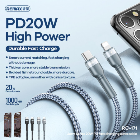 REMAX Cablu Jany RC-171 - Tip C to Lightning - PD 20W 1 metru Silver