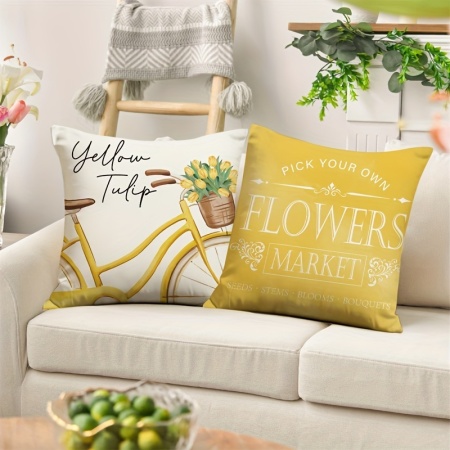 Set 4 Huse pentru Perne – Model Primăvară cu Lalele Galbene și Mesaje Pozitive, 45x45 cm, PMAU55873 - Img 5