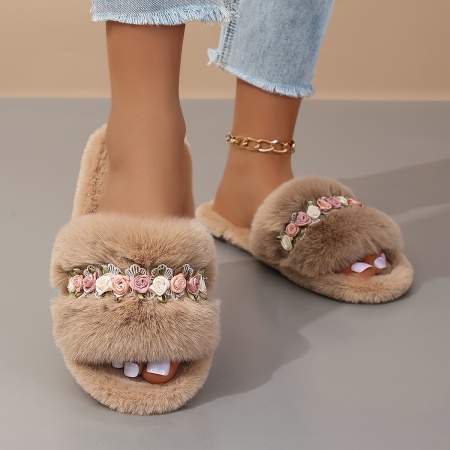 Slapi de casă confortabili, din pluș, cu model floral, pentru femei, TMLN68695 - Img 3