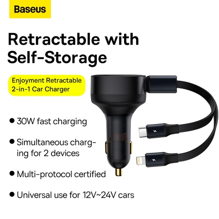 Baseus Car Charger Enjoyment Retractable 2 in 1 - Type C + Lightning - 30W (CGTX000001) Negru, MGŁAD001546 - Img 5