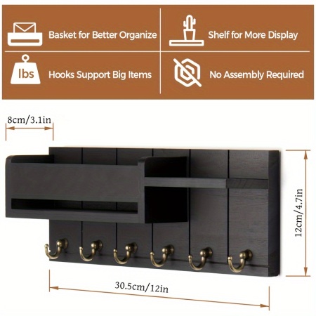 Cuier Rustic de Perete cu Rafturi și 6 Cârlige – Organizator pentru Chei, Poștă și Accesorii, TMTQ691031 - Img 2