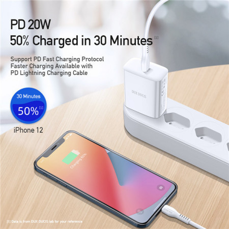 Incarcator Priza Dux Ducis C60 - Type C - PD QC 3.0 20W 3A with Type C to Lightning Cablu white