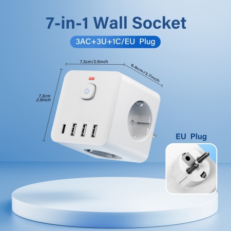 Prelungitor Priză 7-în-1 cu USB – 3 prize, 4 porturi USB + 1 Type-C, mufă EU, TMEC161306 - Img 4
