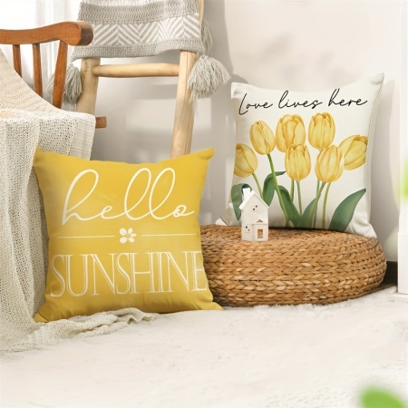Set 4 Huse pentru Perne – Model Primăvară cu Lalele Galbene și Mesaje Pozitive, 45x45 cm, PMAU55873 - Img 6