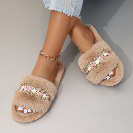 Slapi de casă confortabili, din pluș, cu model floral, pentru femei, TMLN68695 - Img 4