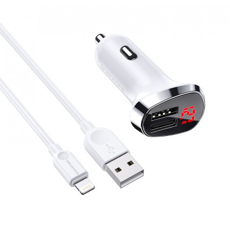 Incarcator Auto Borofone BZ15 Auspicious - 2xUSB - 2,4A cu USB to Lightning cablu white