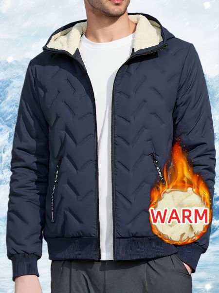 Jachetă Casual cu Glugă pentru Bărbați, Design Matlasat cu Căptușeală Fleece, Croială Largă, Închidere cu Fermoar, TMNA5091776 - Img 5