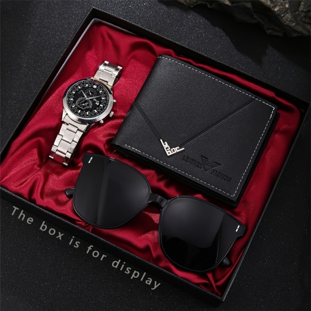 Set Cadou Elegant pentru Bărbați – Ceas, Ochelari de Soare și Portofel Negru, TMDY2981865