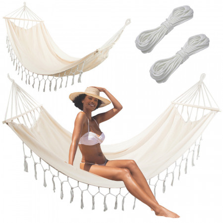 Hamac single, cu franjuri, cadru din lemn, pentru gradina sau curte, crem, PM019043
