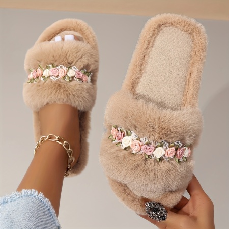 Slapi de casă confortabili, din pluș, cu model floral, pentru femei, TMLN68695 - Img 5