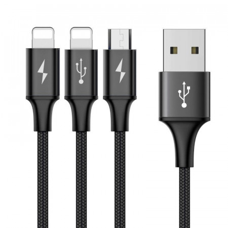 Baseus Cablu Rapid 3 in 1 - USB to Micro USB, 2xLightning - 3A 1,2 metrus (CAMLL-SU01) Negru - Img 2