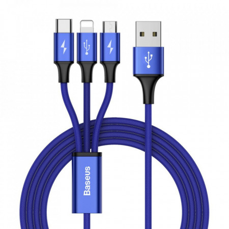 Cablu pentru incarcare pentru toate tipurile de dispozitive, Baseus Rapid USB, cu mufe Micro-USB, USB-C, Lightning, 3A, 1,2M, albastru PMCAMLT-SU13