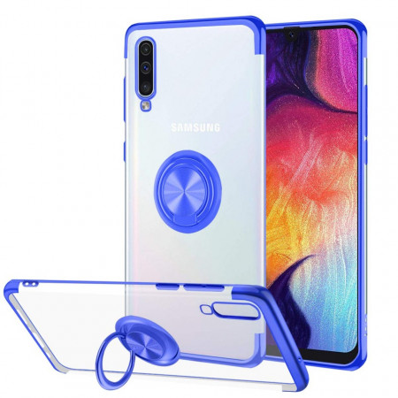 Husa Samsung Galaxy A70 | A70s din Silicon transparenta cu Inel Rotativ si Margini Albastre
