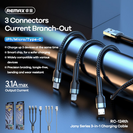 REMAX Cablu Jany RC-124th 3 in 1 - USB to Tip C, Lightning, Micro USB - 3,1A 1,2 metri Negru