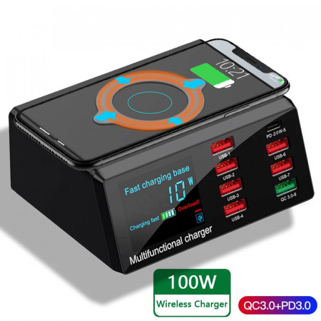 Charging station X9 - 7xUSB + Type C - 100W PD QC 3.0 + induction charging - Img 3