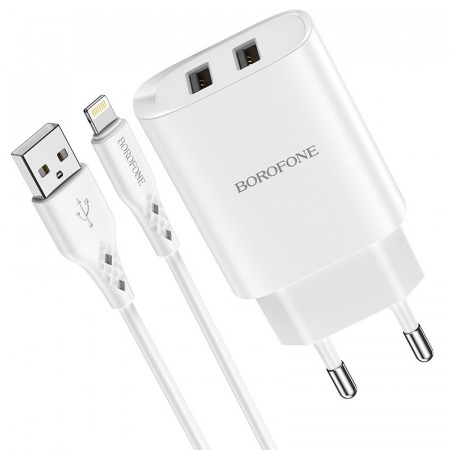 Incarcator priza Borofone BN2 Super - 2xUSB - 2,1A cu cablu USB to Lightning awhite