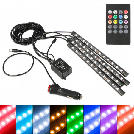 Set 4 benzi cu 12 leduri pentru interior auto cu telecomanda