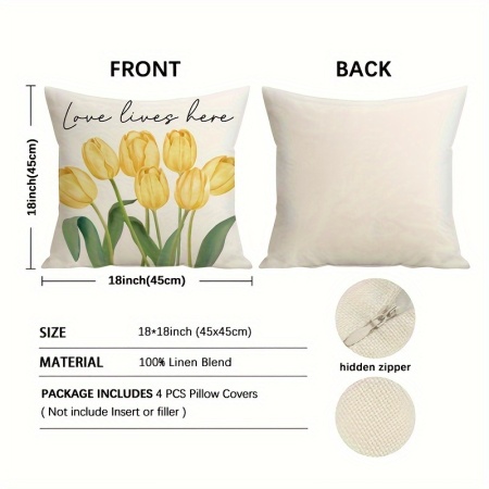Set 4 Huse pentru Perne – Model Primăvară cu Lalele Galbene și Mesaje Pozitive, 45x45 cm, PMAU55873 - Img 2