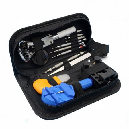 Trusa pentru reparat ceasuri, 13 piese, surubelnite,penseta,cheie,husa