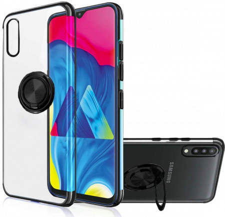 Husa Samsung Galaxy A40 din Silicon transparenta cu Inel Rotativ si Margini Negre