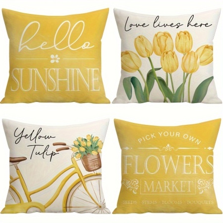 Set 4 Huse pentru Perne – Model Primăvară cu Lalele Galbene și Mesaje Pozitive, 45x45 cm, PMAU55873