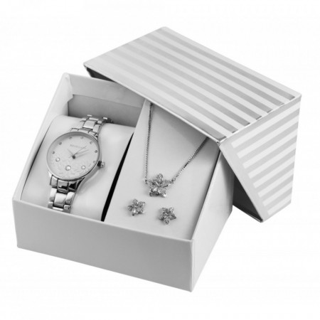 Set cadou, ceas dama, Excellanc, Argintiu, colier cu pandativ, 1 pereche cercei floare, Excellanc