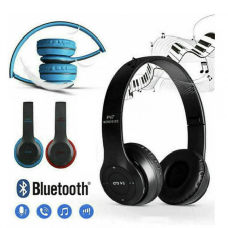 Casti wireless P47, Stereo Headphones, Fm Radio, MP3 Player, Microfon incorporat, Port Micro SD, Negru