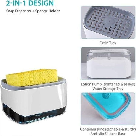 Dozator cu pompa de sapun Smartix, Suport pentru burete spalat vesela 350 ml, Dozator pentru sapun si bucatarie, Alb, AD350 - Img 2