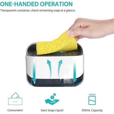 Dozator cu pompa de sapun Smartix, Suport pentru burete spalat vesela 350 ml, Dozator pentru sapun si bucatarie, Alb, AD350 - Img 3