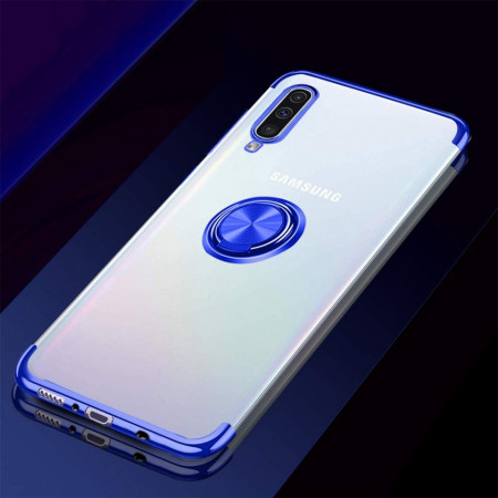 Husa Samsung Galaxy A70 | A70s din Silicon transparenta cu Inel Rotativ si Margini Albastre - Img 4