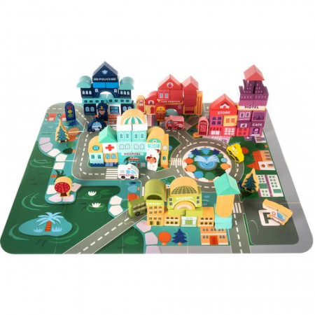 Joc cuburi lemn oras colorat, 100 piese de construit, vehicule, suport tip puzzle, PM00019159