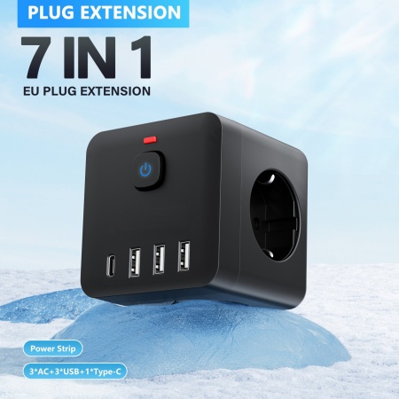 Prelungitor Priză 7-în-1 cu USB – 3 prize, 4 porturi USB + 1 Type-C, mufă EU, TMEC161306 - Img 2