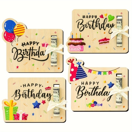 Set 4 Clipuri din lemn pentru bani – Mesaje „Happy Birthday”, TMXY401938