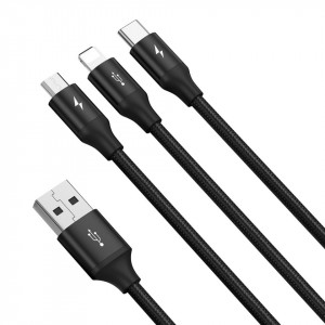 Baseus Cablu Rapid 3 in 1 - USB to Micro USB, Lightning, Tip C - 3,5A 1,2 metrus (CAJS000001) Negru