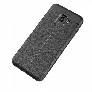 Husa Samsung Galaxy A8 PLUS Neagra din TPU cu Design de Tip Piele
