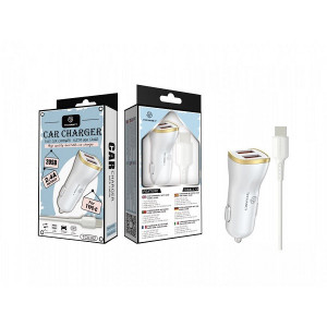 Încărcător auto cu cablu tip C 2.4A 1M 2Usb alb, PMTF150063