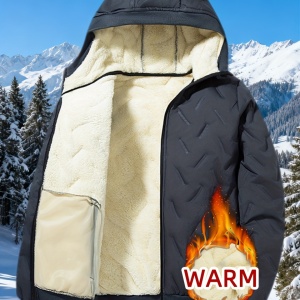 Jachetă Casual cu Glugă pentru Bărbați, Design Matlasat cu Căptușeală Fleece, Croială Largă, Închidere cu Fermoar, TMNA5091776 - Img 2